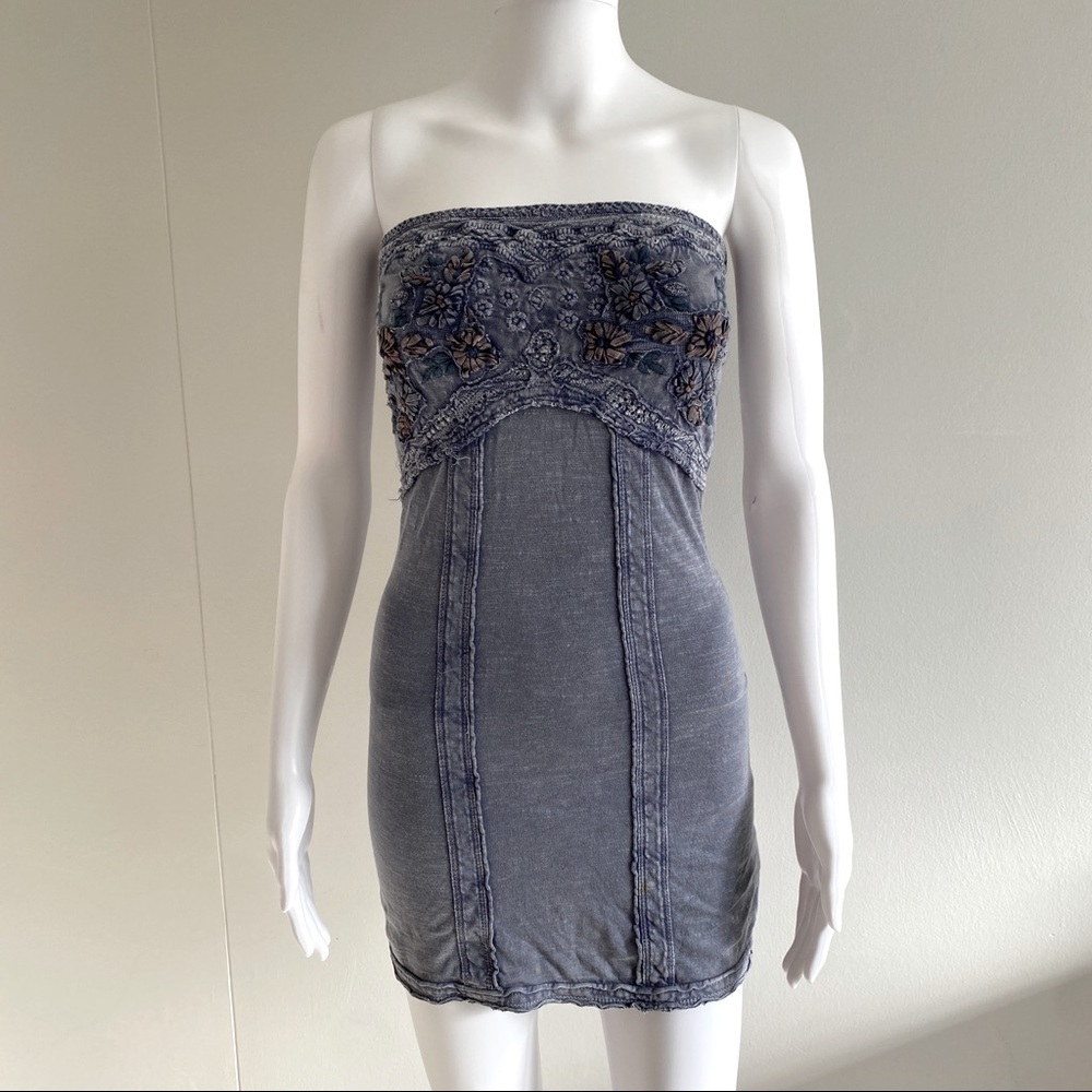 Vintage Free People Strapless Embroidered Dress Washed Blue